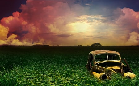 Abandoned Car - wreck, sky, clouds, field, sunset