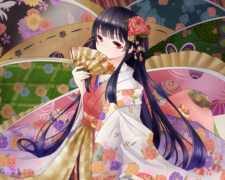 Houraisan Kaguya - fan, sexy, hot, girl, female, long hair, anime girl, black hair, red eyes, houraisan kaguya, touhou, anime, yukata, kimono, cute