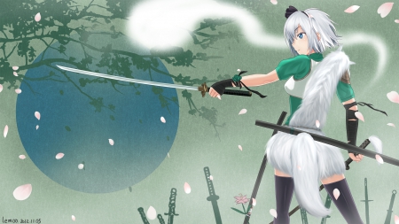 Konpaku Youmu - sword, cute, konpaku youmu, hot, anime girl, girl, white, tails, blade, weapon, touhou, spirit, short hair, silver hair, anime, warrior, petals, sexy, female