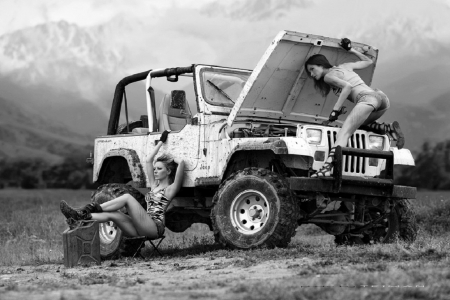 outdoor - girls, photography, wp, jeep, bw, black, white, car, outdoor