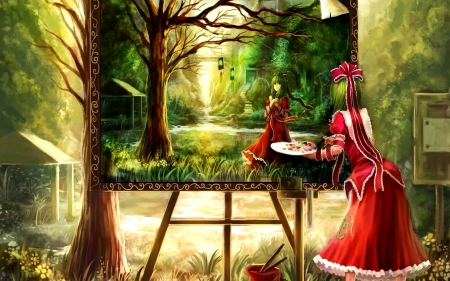 PAINTING GIRL - Girl, japan, painting, red dress, Forest