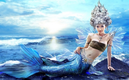 Mermaid - blue, tail, mermaid, sky, sun, hat, water, girl, sea, beauty, ocean, silver, woman, model, cloud, waves, asian, fish