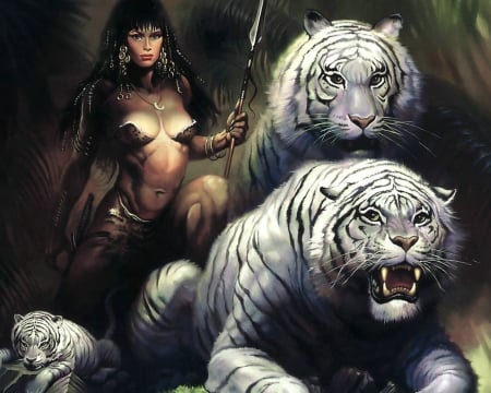 fantasy girl and tigers - white, woman, fantasy, tigers