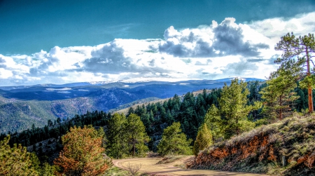 Season Change - sky, trees, landscape, roads, mountains, clouds, blue, green, hdr