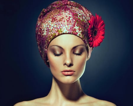 Pretty face - face, flowers, makeup, woman, turban