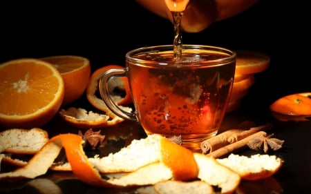 Tea and Orange  Still Life - drink, glass, tea, still, abstract, life, liquid, bunch, orange