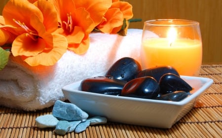 Spa Still Life - rock, bunch, flowers, life, still, abstract, dish, orange, stone