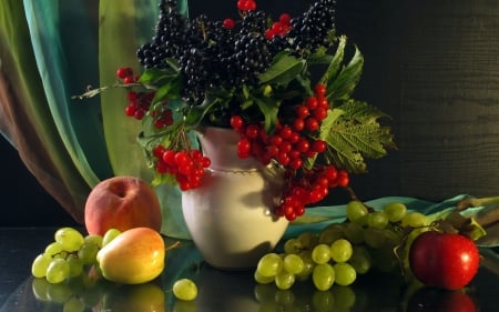 Fruit and Grapes Still Life - still, abstract, vase, life, grapes, apples, fruit, bunch, pears