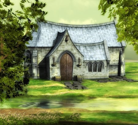 Chapel Background Summer - fantasy, chapel, trees, summer