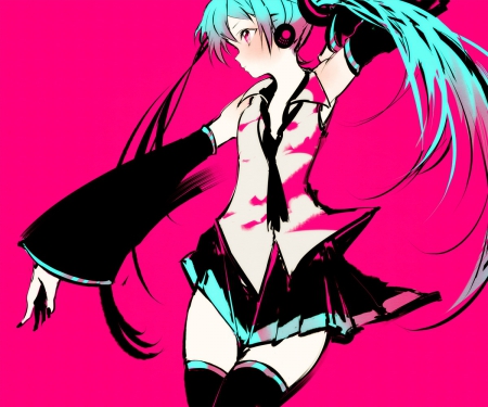 Miku - hatsune, miku, cant think of a fourth, pink, black, pig tails, blue, white, tie, 01, hatsune miku