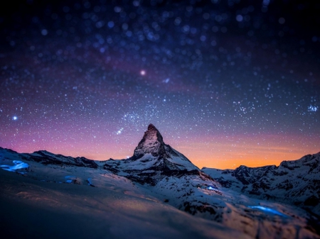 Matterhorn by night - stars, pink, mountain, sky