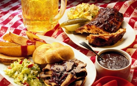 Nice Lunch Still Life - still, abstract, meat, beer, tablecloth, bun, veggy, life, drink, plate, glass