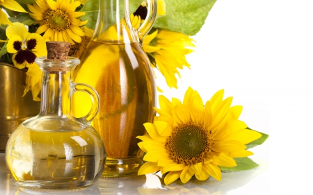 Sunflower and Drink Still Life - drink, abstract, bottle, sunflower, yellow, flower, liquid, glass