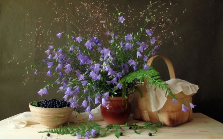 Blueberries and Flowers Still Life - still, abstract, vase, blueberries, life, flowers, basket, purple, bowl, fruit