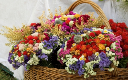 Autumn Bouquets Still Life - autumn, bouquets, baskets, white, still, abstract, life, red, blue, flowers