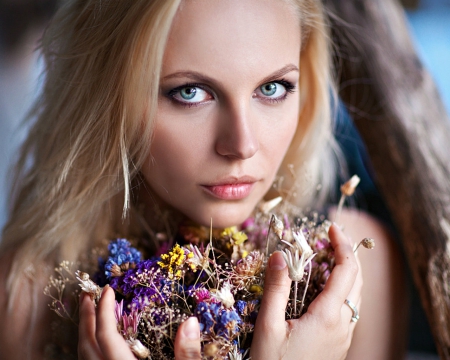 Pretty face - woman, face, blond, flowers, model