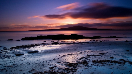 beautifully colored sunset - clouds, beach, sunset, sea, colors