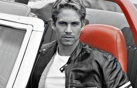 Paul Walker - actor, paul walker, car, red, jacket, black and white, man, blue eyes