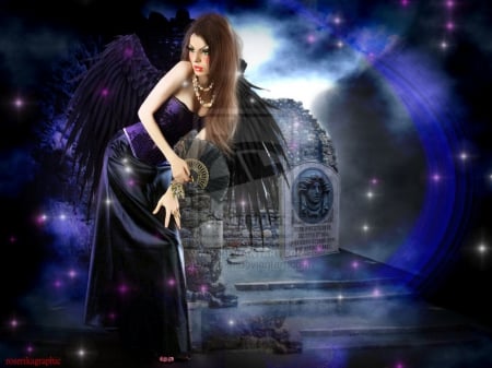 ~Purple Angel~ - girls, women, photomanipulation, models, female, people, angel, hair, emotional, wings, fantasy, purple, pretty, cool, dark, creative premade, digital art, lovely, charm, premade, weird things people wear, blue, backgrounds, beautiful, dress