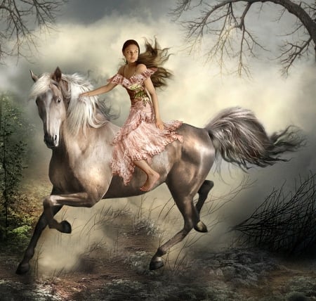 Forget The Past - trees, fantasy, fog, woman, horse