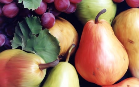 Pears and Grapes Still Life - pears, peach, leaf, still, abstract, purple, life, green, orange, grapes