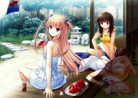 Summer Day - girls, watermelon, anime, summer, house, orginal