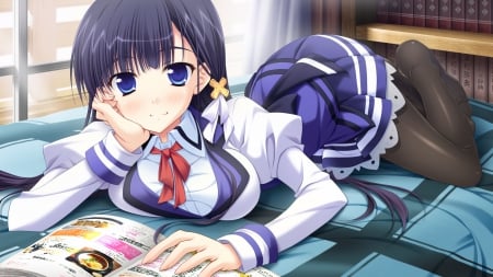 Kirishima Saki - game, school, girl, bedroom, long hair, uniform, cg, bed, cute