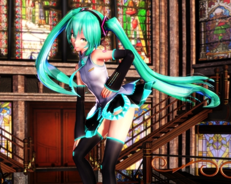 Hatsune Miku - anime, vocaloid, female, hatsune miku, green hair, long hair, silly, staircase, superstar, hd, idol, anime girl, realistic, twintails, hot, singer, girl, cg, miku, funny, diva, cute, stair, hatsune, 3d, sexy, vocaloids