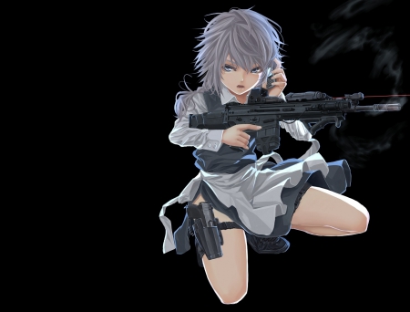 Izayoi Sakuya - anime, handphone, female, talking, dress, evil, dark, short hair, talk, weapon, serios, apron, purple hair, anime girl, mobile, skirt, hot, gun, girl, maid, darkness, izayoi sakuya, sinister, cute, phone, sexy, rifle