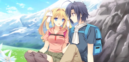 ♡ Couple ♡ - pretty, anime, female, blonde, guy, blond hair, bag, long hair, boy, male, blond, hd, nice, sky, blue eyes, anime girl, twintails, hot, girl, blonde hair, lovely, love, sweet, handsome, cloud, cute, lover, sexy, couple