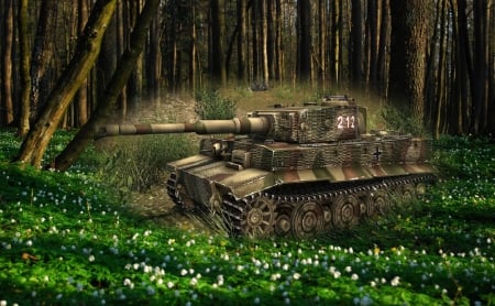 forest idyll - tank, forest, tiger, green