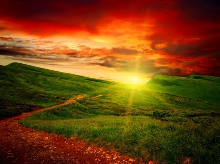 Sunrise field - pretty, hills, summer, amazing, grass, meadow, sunrise, light, path, red, field, nice, sky, sunlight, beautiful, morning, lovely, dazzling, glow, colorful, nature, rays, day, shine