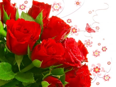 Beautiful red bouquet - nice, freshness, roses, gift, fragrance, delicate, bouquet, pretty, petals, scent, butterflies, fresh, tender, lovely, beautiful, red, leaves, flowers