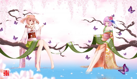 Butterfly n Cherry - anime, female, blossom, touhou, hd, anime girl, sakura, cherry blossom, hot, girl, kimono, sakura blossom, flower, petals, yukata, butterfly, cute, floral, sexy