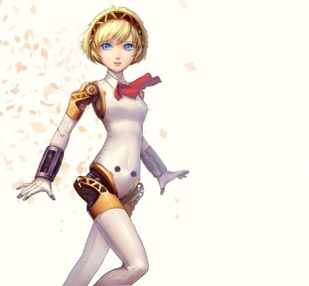 Aegis - anime, female, warrior, blonde, blond hair, armor, short hair, aegis, blond, plain, video game, blue eyes, anime girl, bodysuit, hot, girl, persone 3 rpg, simple, blonde hair, white, cute, sexy