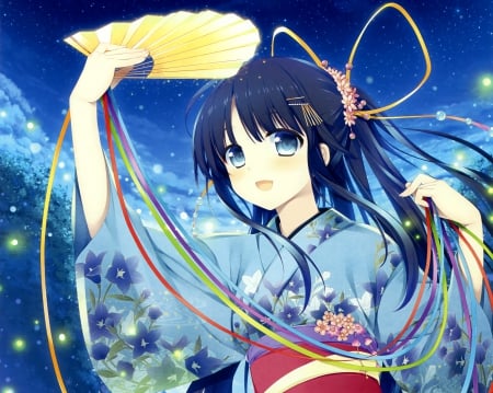 Golden Fan - blush, sparks, ribbon, ponytail, cool, awesome, flowers, anime, yukata, female, blue eyes, kimono, lights, cute, fan, beautiful, game, hot, girl, anime girl, tree, blue hair, pretty, glow, beauty, sweet, hd, dress, sky, long hair, nice, smile, sexy