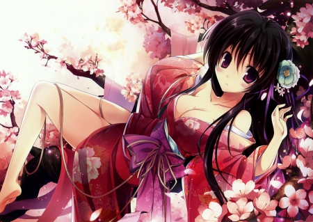 Cherry - cherry tree, girl, pink, long hair, blossom, cant think of a fourth, black hair