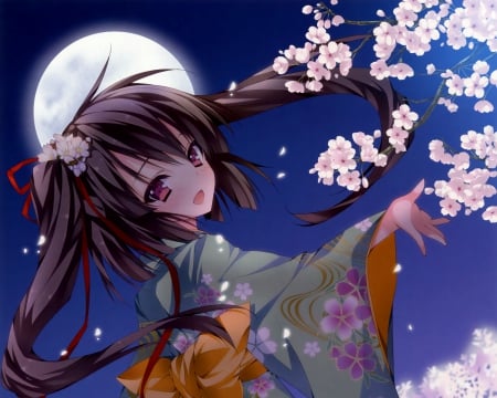 Blossom Night - female, hot, anime girl, brown hair, cherry blossom, petals, sakura blossom, anime, kimono, cute, moon, sexy, girl, long hair, night, sakura, floral, yukata, blossom, flower