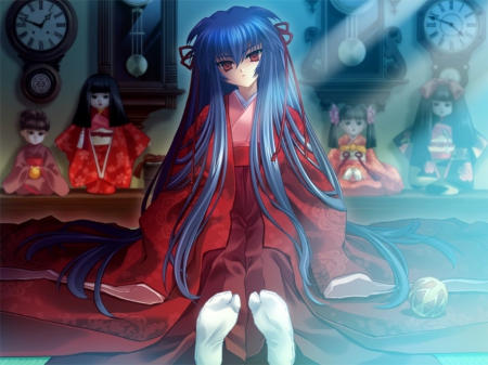 Doll Keeper - sexy, hot, girl, female, long hair, anime girl, red eyes, blue hair, doll, clock, anime, yukata, ribbon, kimono, cute