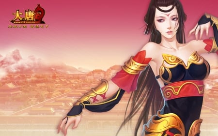 Tera - Outfit, Gold, Woman, Red, Women, Dress, Warrior, Oriental, Video Game, Gorgeous, Girl, Long hair, Asian, Background