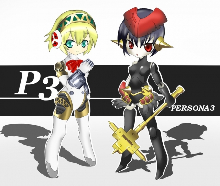 Aegis n Metis - persona 3, anime, kawaii, female, warrior, armor, aegis, plain, chibi, video game, anime girl, game, metis, bodysuit, hot, girl, simple, persona, cute, sexy