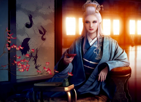 Welcome - make up, branch, design, fantasy, elegant, welcome, petal, white, cgi, gorgeous, art, home, cherry blossom, oriental, kimono, tree, long hair, mario wibisono, asian, abstract, chair, 3d, pink, tatami, beautiful