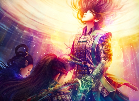 Splash of Color - Light, Glitter, Man, Warrior, Mario Wibisono, Shine, Dark, Armor, CGI, Long hair, Fantasy, Power, Kimono, Women, Vortex, Rainbow, Color, Sparkle, Sleeves, 3D, Strength, Wind, Lift, Glow