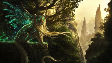 Mythical Creature for Vivvy (shenosto6) - Rock, Cat, Fairy, Black, Tiger, Mist, Structure, Stripes, Branch, White, Sunlight, Agility, Paws, Companion, Green, Long hair, Fantasy, Friend, Power, Mythical, Leaves, Wings, Tree, Whiskers, King, Mountain, Pet, Grass, Strength, Fog, Creature