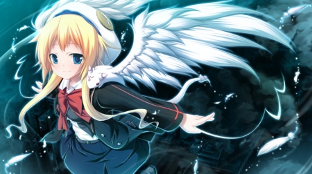 Angel - anime, female, wing, blonde, angel, blond hair, long hair, blonde haair, blond, hd, anime girl, hot, girl, feather, wings, cute, sexy