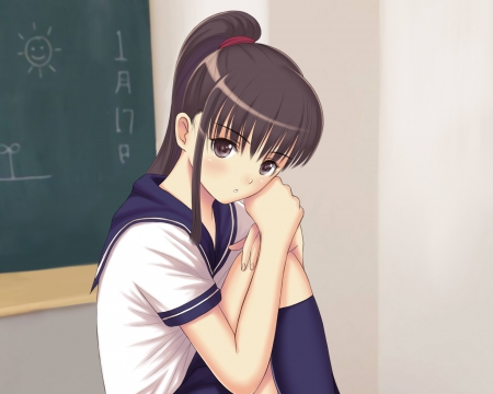 Class Room - pretty, anime, female, maiden, long hair, uniform, hd, nice, anime girl, pupil, beautiful, hot, girl, beauty, lovely, brown hair, sweet, school uniform, student, lady, cute, sexy