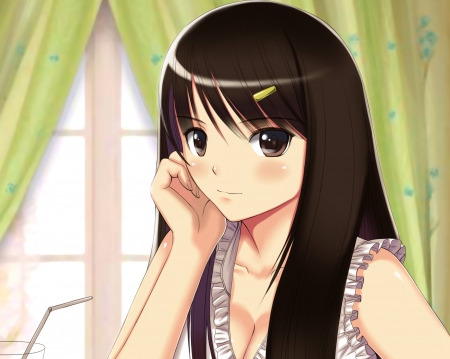 Maiden - pretty, anime, female, window, maiden, long hair, curtain, gorgeous, hd, nice, anime girl, beautiful, hot, girl, beauty, lovely, brown hair, sweet, lady, cute, sexy