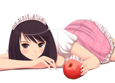 Are U Looking at Me? - pretty, anime, female, maiden, lying, long hair, plain, hd, fruit, nice, brown eyes, anime girl, beautiful, hot, girl, simple, beauty, lovely, brown hair, sweet, white, lady, cute, apple, sexy