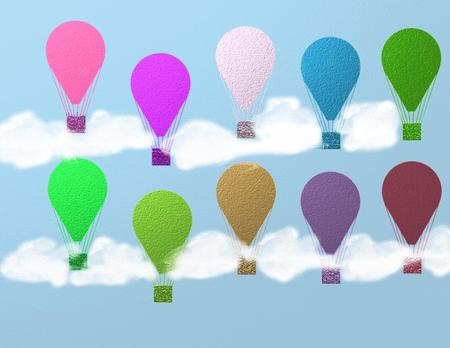 Hot Air Balloon Collage - clouds, blue, balloon, colors, pink, hot air balloon, colorful, white, purple, green, sky