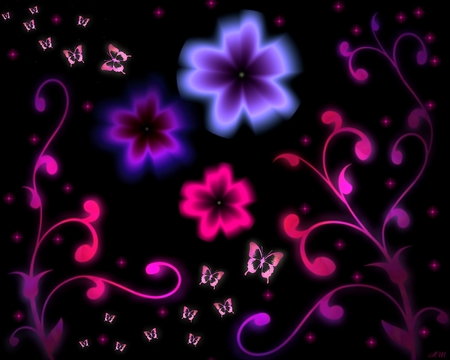 Butterfly Dreams - glow, purple, vector, butterfly, pink, flowers